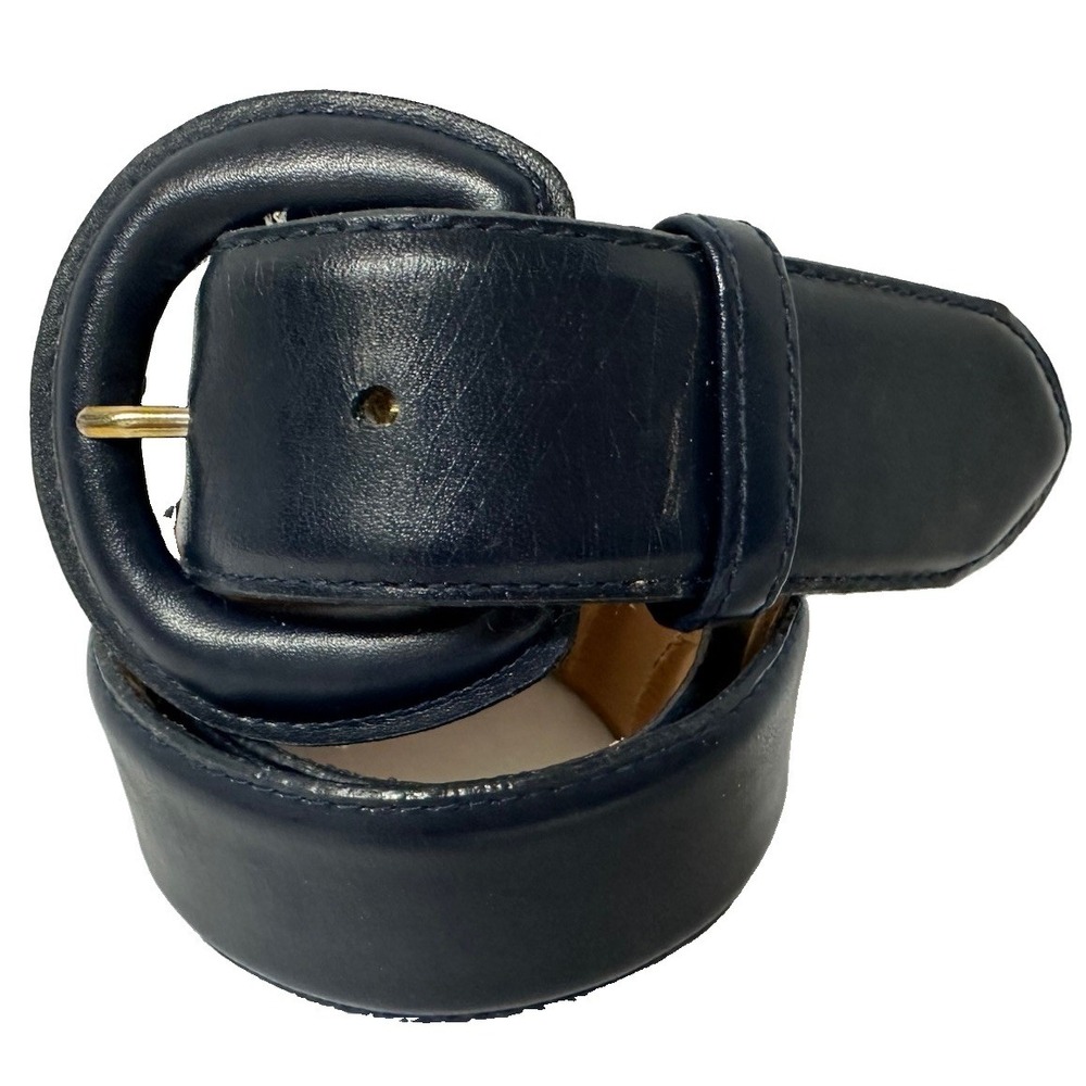 Navy Blue Belt Womens S 26/28 Leather-Wrapped Horseshoe Buckle Vtg 80s 6621